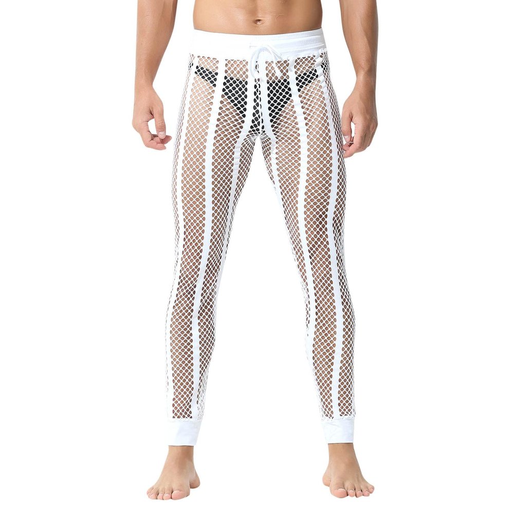 Men's Mesh Fishnet Pants See Through Stretchy Muscle Leggings Drawstring Sleep Lounge Thermal Bottoms White
