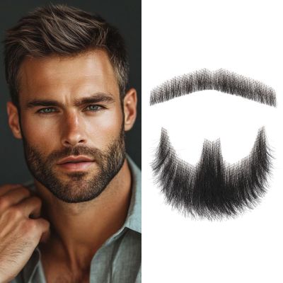 INSTASTYLE Fake Beard 100% Human Hair Full Hand Tide Lace Fake Mustache Black Color Realistic Beard Fake Goatee Costume Fake Facial Hair for Halloween,Cosplay or other Funny Party