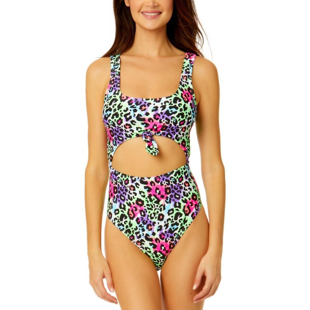 Salt + Cove Womens Cut-Out Animal Print One-Piece Swimsuit Green L