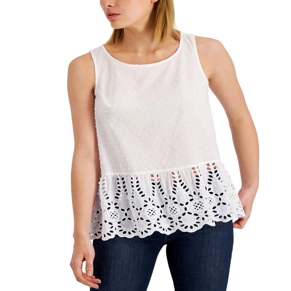 Adyson Parker Womens Sleeveless Eyelet Peplum Top White S