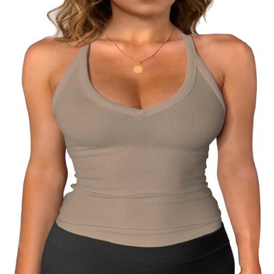 iGENJUN Womens Sleeveless V Neck Ribbed Tank Tops for Women 2026 Backless Slim Fitted Soft Basic Layerring Camisole Shirts,L,Khaki