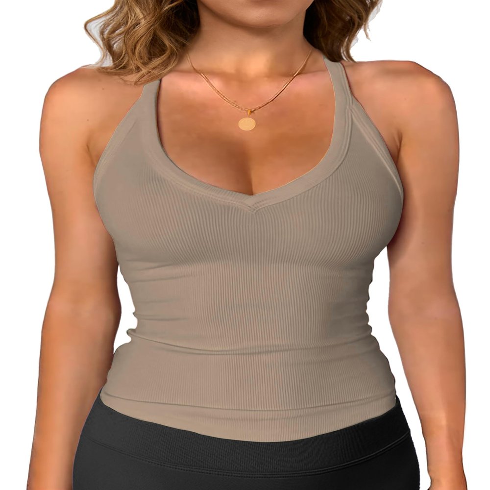 iGENJUN Womens Sleeveless V Neck Ribbed Tank Tops for Women 2026 Backless Slim Fitted Soft Basic Layerring Camisole Shirts,L,Khaki