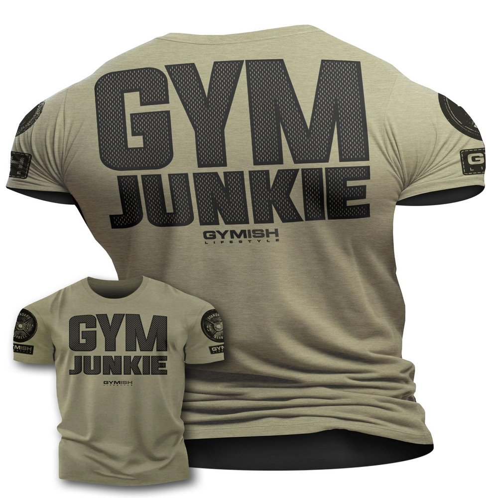 Gym Junkie Funny Saying T-Shirt for Men Fitness Inspiring Workout Shirts for Him (SM, Gym-Junkie Back Military Green Branded)