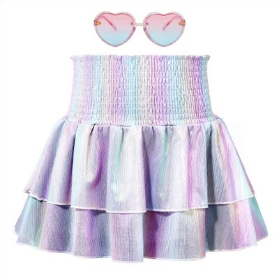 Girls Metallic Skirt Girls Sequin Sparkly Skirts 2-Layer Ruffle Skirts with Sunglasses Cheerleaders Skirt Rainbow 10-11 Years