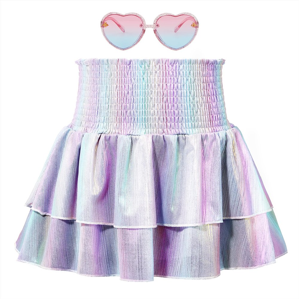 Girls Metallic Skirt Girls Sequin Sparkly Skirts 2-Layer Ruffle Skirts with Sunglasses Cheerleaders Skirt Rainbow 10-11 Years