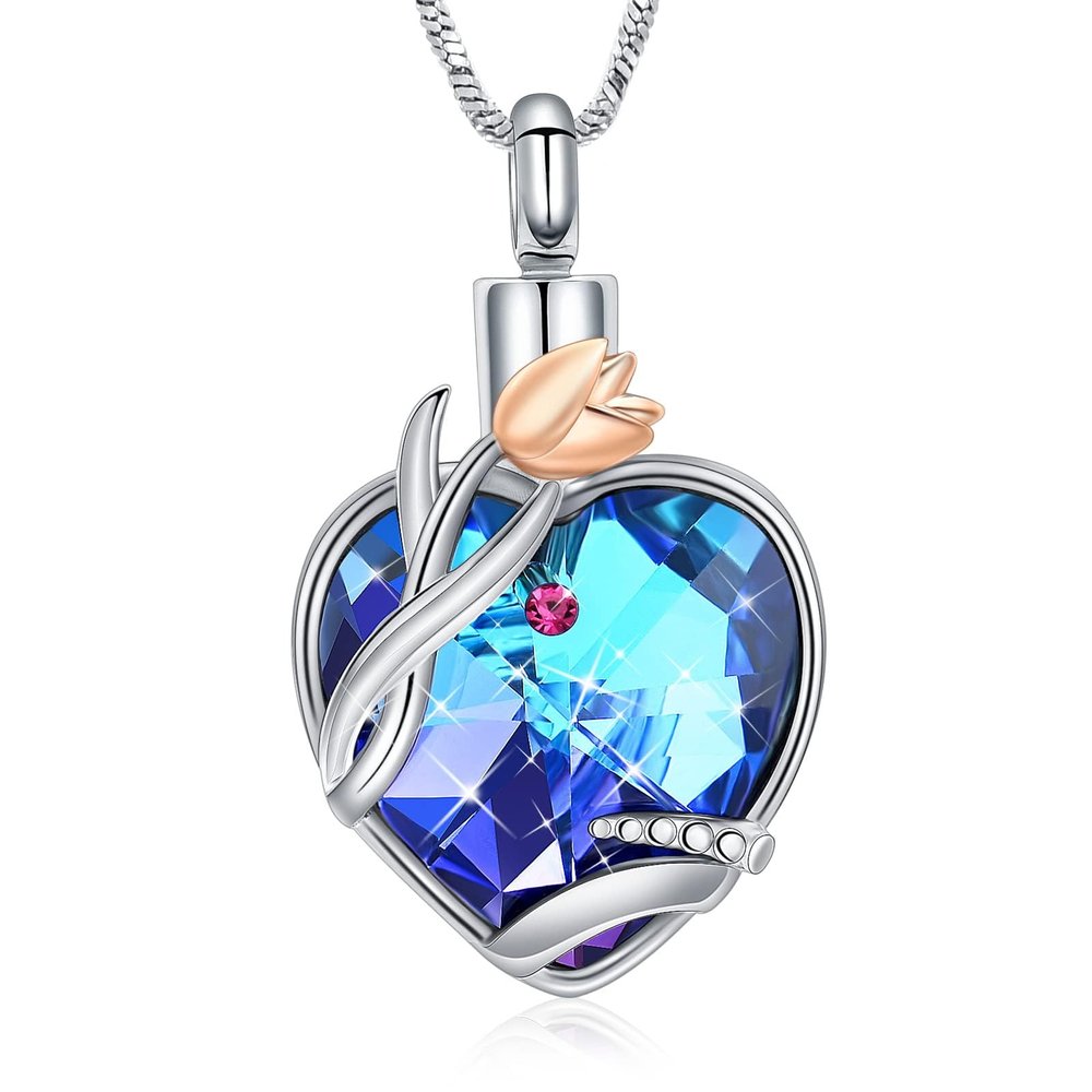 AIWENXI Tulip Urns Necklaces for Ashes Heart Crystal Cremation Jewelry for Men Women Stainless Steel Pet Human Ashes Pendant Keepsakes Memorial Ash Necklaces Jewelry