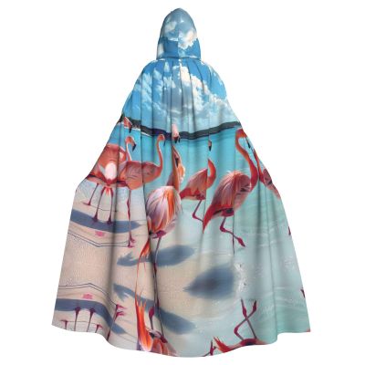 DRTGEDS Flock Of Red Flamingos On The Beach Hooded Cloak Unisex Cape Halloween Christmas Vampire Witch Cloak Costumes Party Cape