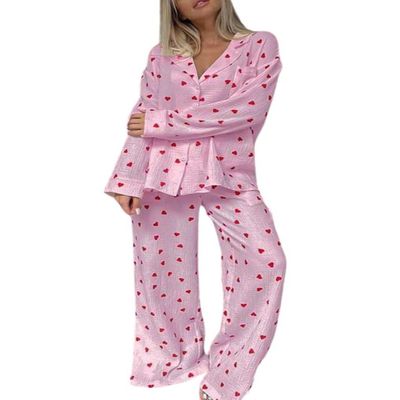 codcm Womens Pajama Sets Cotton Pj Set Cute Print Print Long Sleeve Button Shirt With Pants(Pink Print,Large)