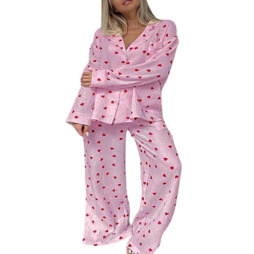 codcm Womens Pajama Sets Cotton Pj Set Cute Print Print Long Sleeve Button Shirt With Pants(Pink Print,Large)