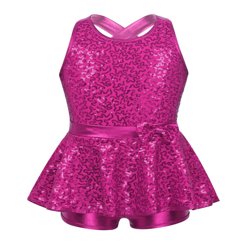 Yruioon Girls Sequins Criss-Cross Back Latin Jazz Dance Dress Leotard Stage Performance Costume Dancewear Rose 8 Years