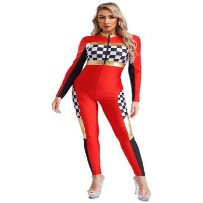 Alvivi Women's Race Car Driver Full Jumpsuit Costume Plaid Long Sleeve Romper Racer Outfit Halloween Red Medium