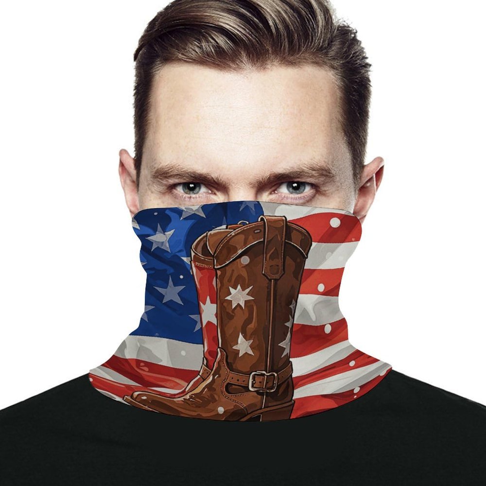 VFKLT American Flag with Cowboy Boots Face Mask Sun Dust Protection Neck Gaiter Scarf Face Covering Headwear Bandana for Men Women