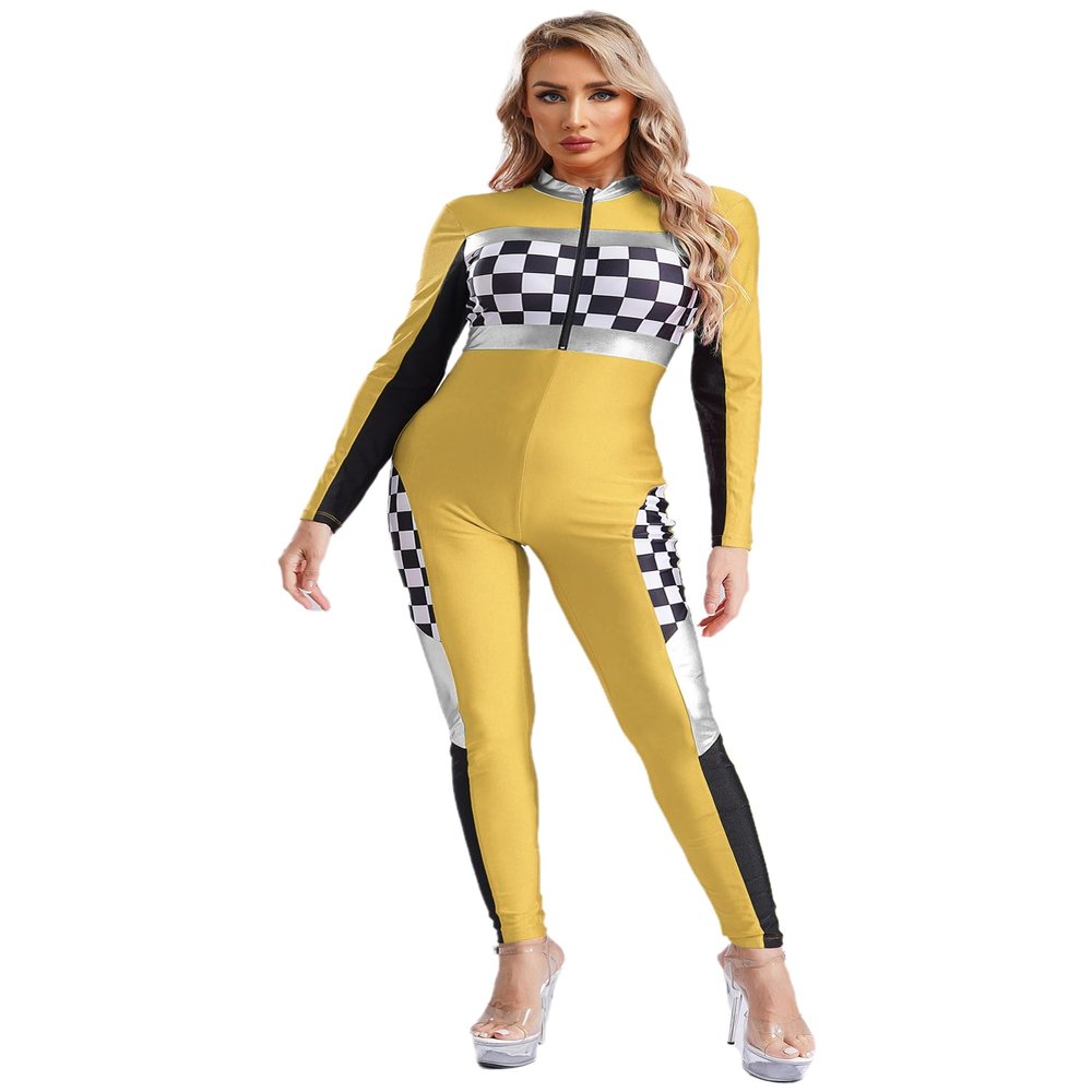 Alvivi Women's Race Car Driver Full Jumpsuit Costume Plaid Long Sleeve Romper Racer Outfit Halloween Yellow 3X-Large