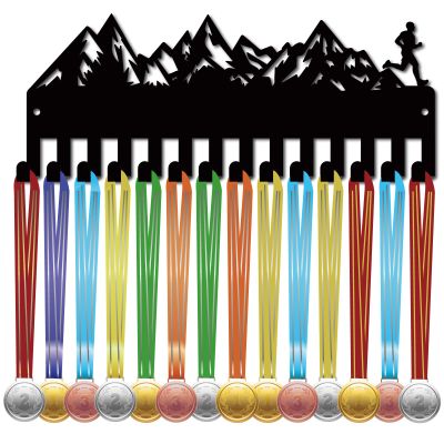 CREATCABIN Run Medal Holder Hanger Medals Display Rack Black Metal Iron Small Mountain Medal Shelf Plaques Hangers Organizer Medal Frame Wall Mounted with 14 Hooks for Award Ribbon 11.4x5Inch