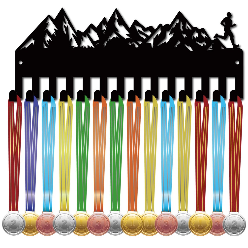 CREATCABIN Run Medal Holder Hanger Medals Display Rack Black Metal Iron Small Mountain Medal Shelf Plaques Hangers Organizer Medal Frame Wall Mounted with 14 Hooks for Award Ribbon 11.4x5Inch