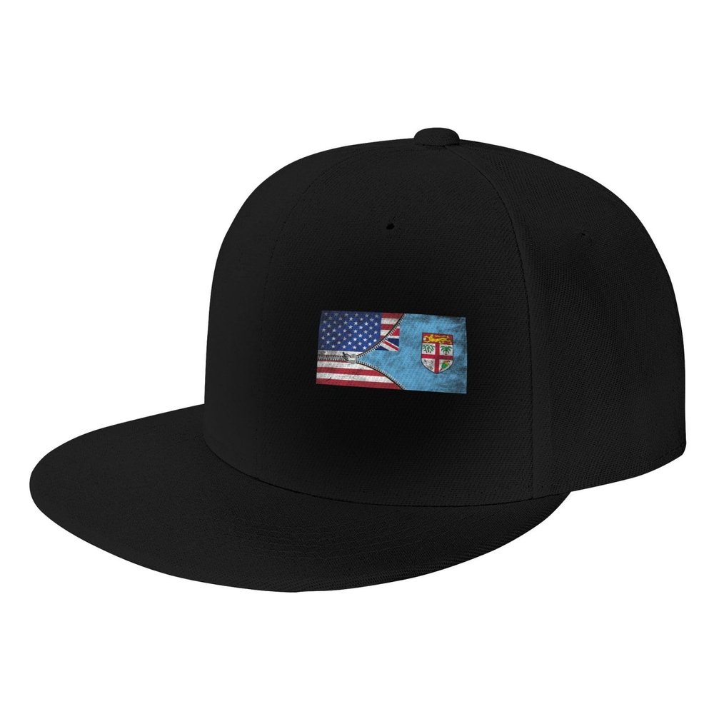 Joisbs USA American Flag and Fiji Flag Classic Unisex Sun Hat with Flat Brim - Adjustable and Stylish for Outdoor Adventures! Black