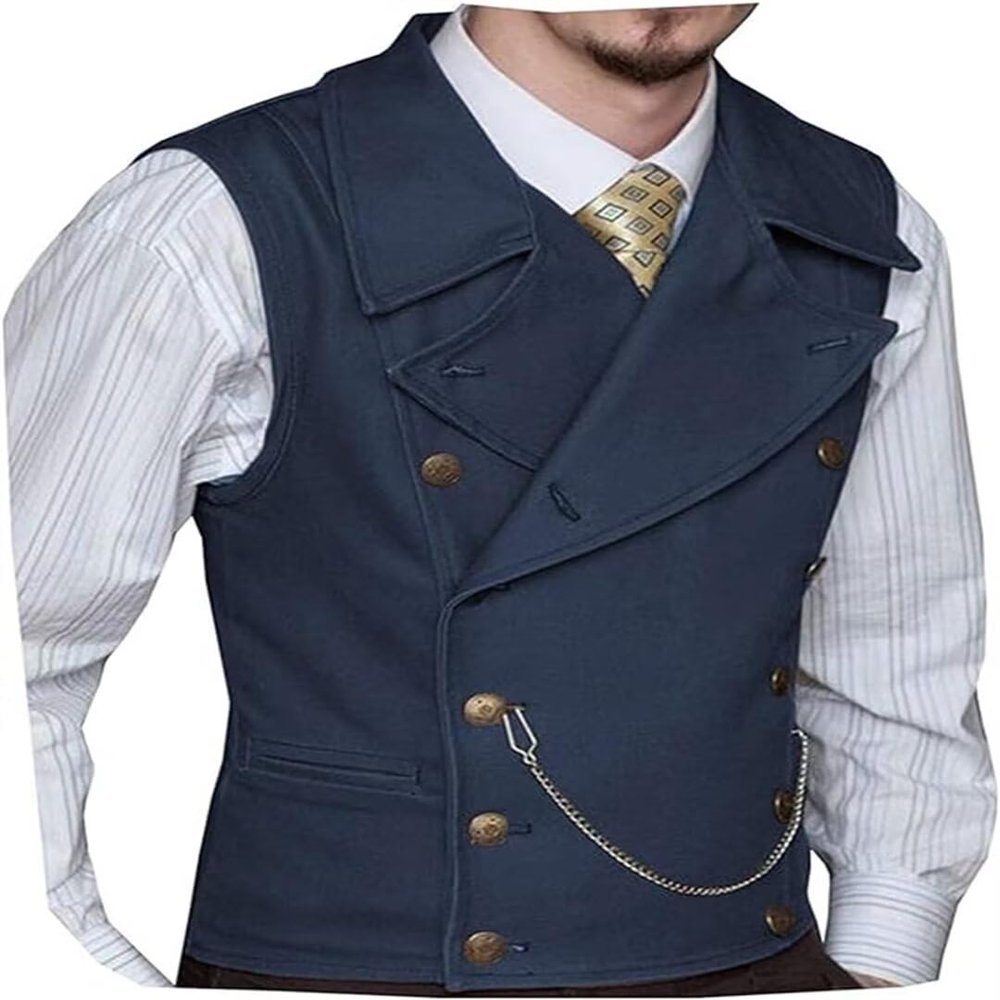 YPINKZ Mens Double Breasted Classic Vests Groomsman Wedding Waistcoat Wide Lapel Suede Leather Casual Business Vest for Men Navy 3XL