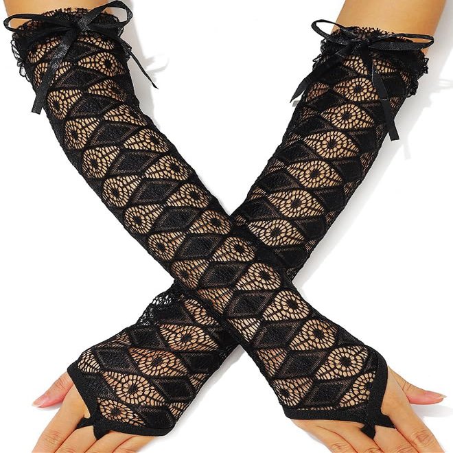 GEMILY Lace Fingerless Long Gloves Tea Party Gloves for Women (Black)