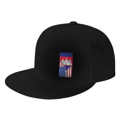 Joisbs USA American Flag and Cambodian Flag Classic Unisex Sun Hat with Flat Brim - Adjustable and Stylish for Outdoor Adventures! Black