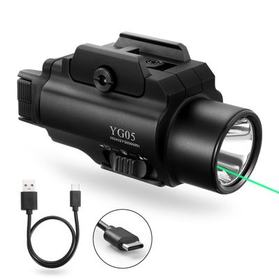 YOUNGOOD 2500 High Lumens Pistol Laser Light Combo, Tactical LED Flashlight, Adjustable Picatinny Rail Mount Airsoft Handgun Green Laser Weapon Llights, Type-C Rechargeable SIG Gun Flashlights