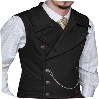 YPINKZ Mens Double Breasted Classic Vests Groomsman Wedding Waistcoat Wide Lapel Suede Leather Casual Business Vest for Men Black 3XL
