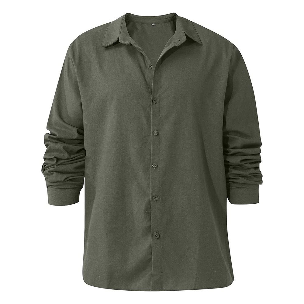 Men Linen Shirt Button Down Long Sleeve Cotton Beach Band Collar Shirts Lightweight Casual Solid Plain Loose Shirt (X-Large,Army Green)