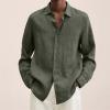 Men Linen Shirt Button Down Long Sleeve Cotton Beach Band Collar Shirts Lightweight Casual Solid Plain Loose Shirt (X-Large,Army Green) view 2