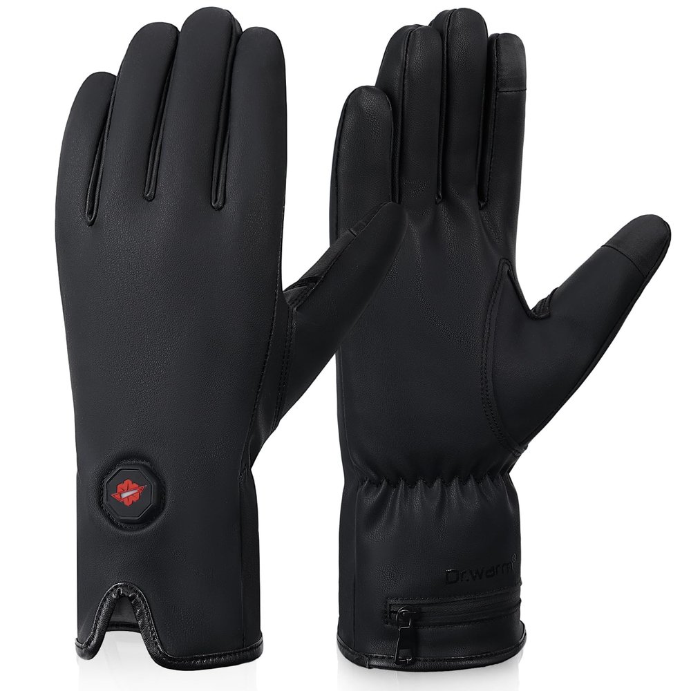 Dr.Warm Rechargeable Heated Gloves for Men Women, Water-Resistant Leather, Touchscreen Compatible for Winter Driving, Walking