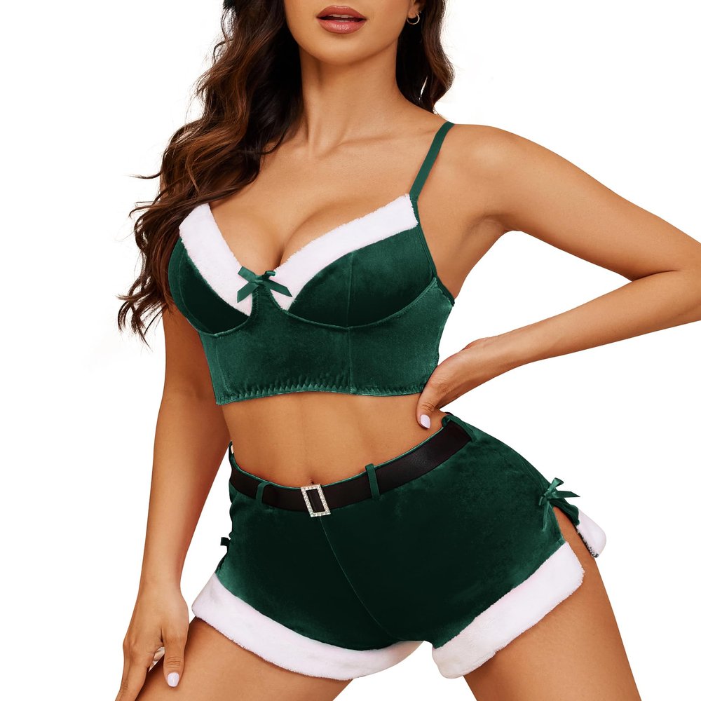 Enyprok Women's Christmas Lingerie Set Sexy Santa Doll Teddy Bra and Shorts Outfits Velvet Santa Costume Set with Belt Green