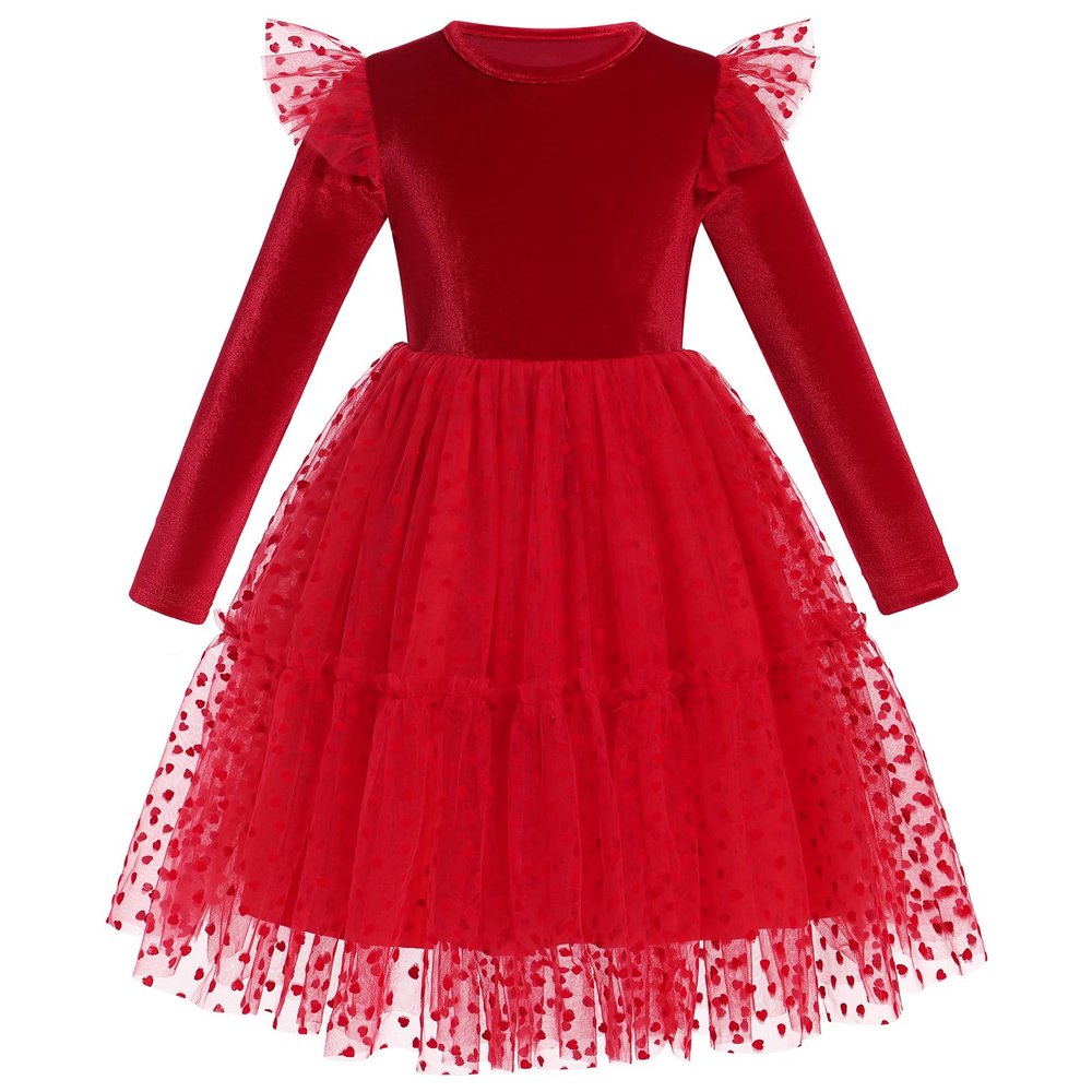 ABAFIP Toddler Baby Girls Christmas Velvet Tutu Dress Long Sleeve Sparkly Tulle Birthday Fall Winter Party Dress Bright Red 18-24 Months