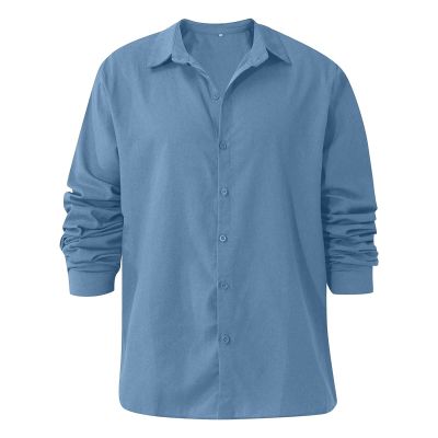 Men Linen Shirt Button Down Long Sleeve Cotton Beach Band Collar Shirts Lightweight Casual Solid Plain Loose Shirt (Medium,Light Blue)