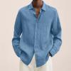 Men Linen Shirt Button Down Long Sleeve Cotton Beach Band Collar Shirts Lightweight Casual Solid Plain Loose Shirt (Medium,Light Blue) view 2