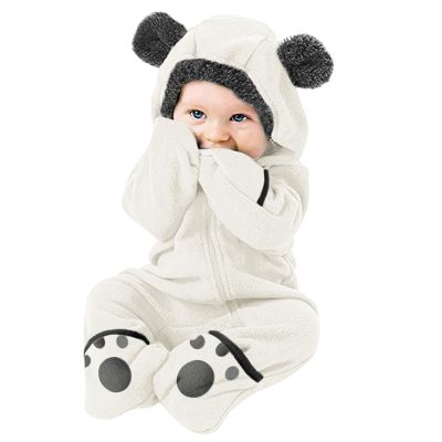 Newborn Baby Fleece Footed Jumpsuit Hooded Pramsuit Winter Snowsuit for Infant Boys Girls Bear (White, 18-24 Months)