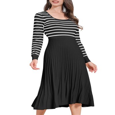 Womens Long Sleeve Striped Midi Fall Dresses Square Neck Ribbed Knit Pleated A Line Swing Casual Sweater Dress Black M