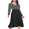Womens Long Sleeve Striped Midi Fall Dresses Square Neck Ribbed Knit Pleated A Line Swing Casual Sweater Dress Black M view 1