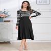 Womens Long Sleeve Striped Midi Fall Dresses Square Neck Ribbed Knit Pleated A Line Swing Casual Sweater Dress Black M view 3