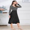 Womens Long Sleeve Striped Midi Fall Dresses Square Neck Ribbed Knit Pleated A Line Swing Casual Sweater Dress Black M view 4