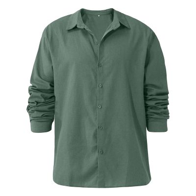 Men Linen Shirt Button Down Long Sleeve Cotton Beach Band Collar Shirts Lightweight Casual Solid Plain Loose Shirt (Medium,Green)