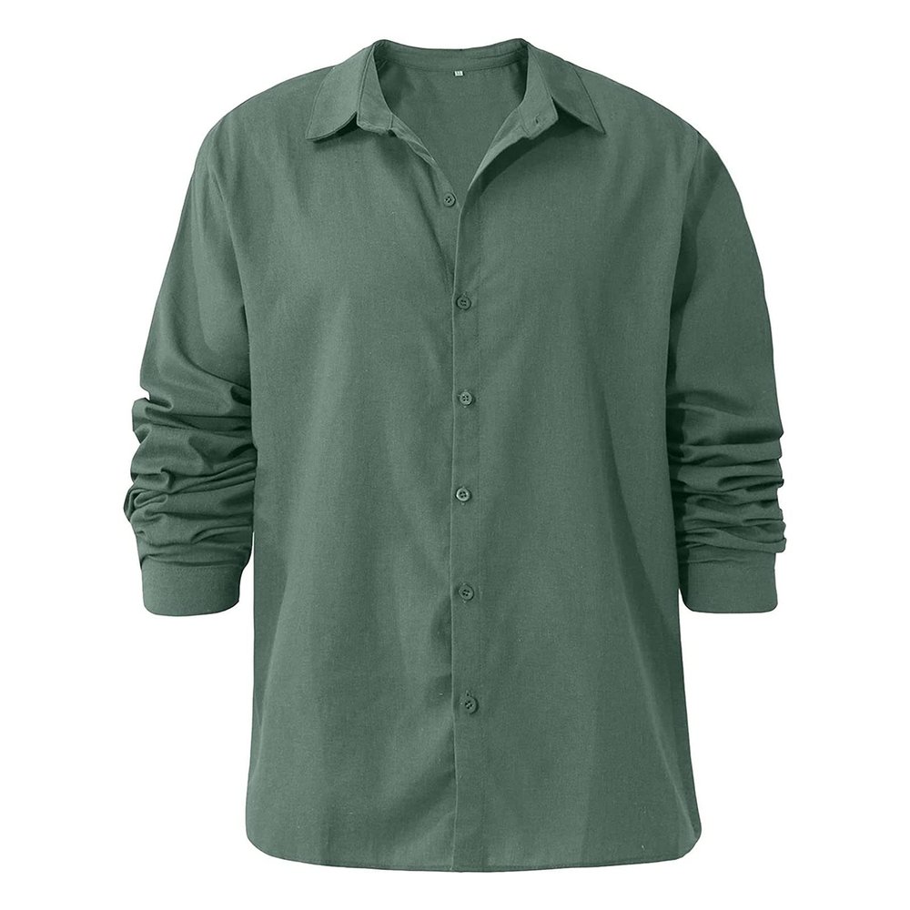Men Linen Shirt Button Down Long Sleeve Cotton Beach Band Collar Shirts Lightweight Casual Solid Plain Loose Shirt (Medium,Green)