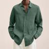 Men Linen Shirt Button Down Long Sleeve Cotton Beach Band Collar Shirts Lightweight Casual Solid Plain Loose Shirt (Medium,Green) view 2