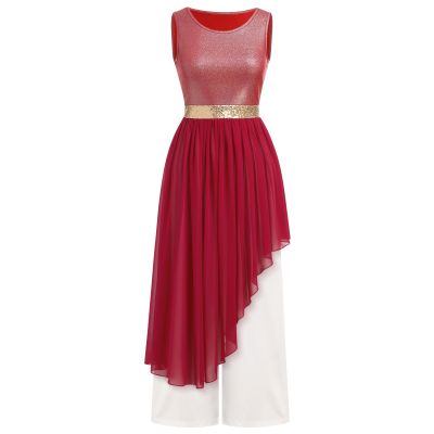 ODASDO Women Liturgical Worship Praise Dance Costumes Sleeveless Overlays Top Dress Tunic Wide Leg Baggy Pants Set Metallic Color Block Asymmetrical Irregular Hem Lyrical Dancewear Dark Red S