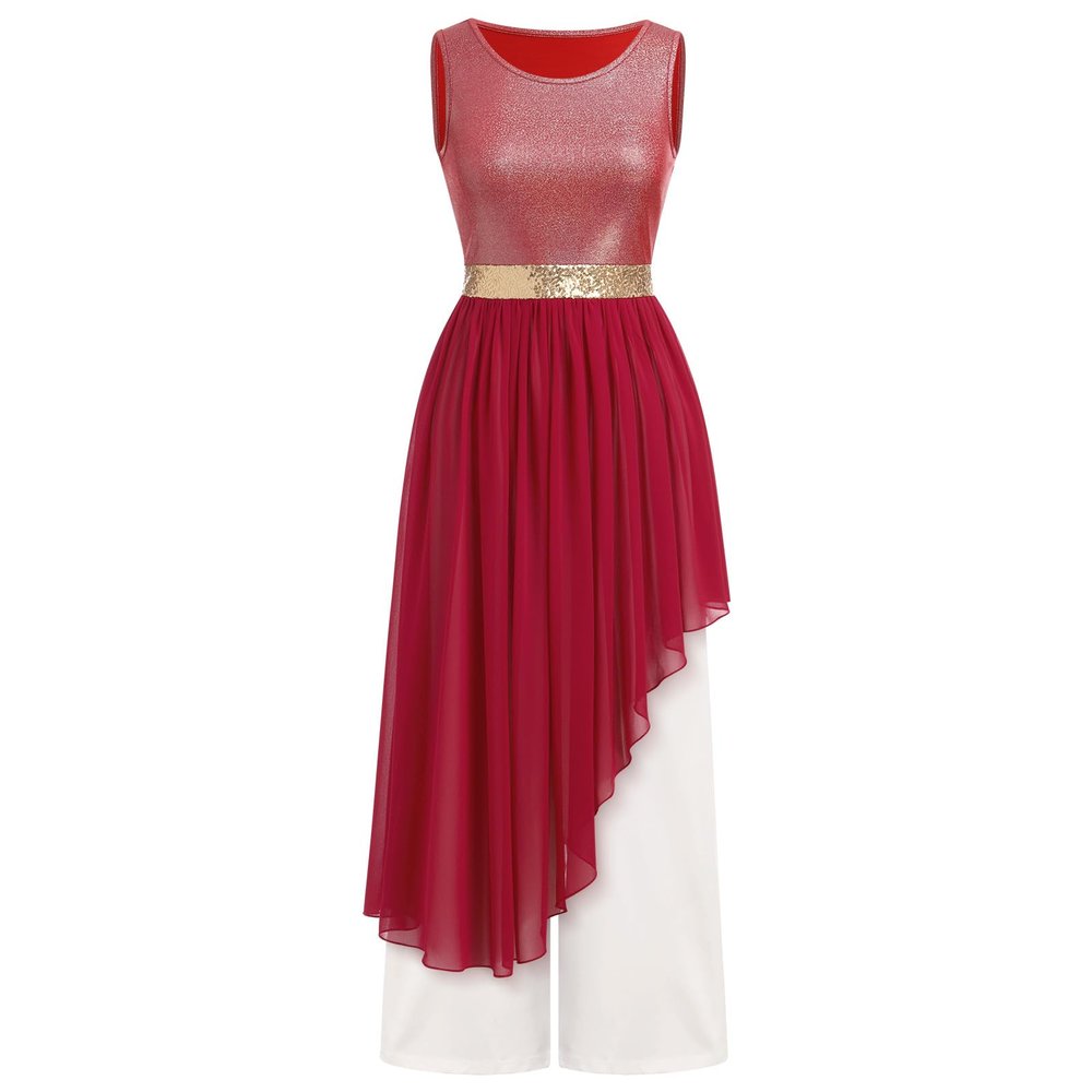ODASDO Women Liturgical Worship Praise Dance Costumes Sleeveless Overlays Top Dress Tunic Wide Leg Baggy Pants Set Metallic Color Block Asymmetrical Irregular Hem Lyrical Dancewear Dark Red S