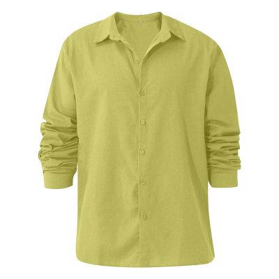 Men Linen Shirt Button Down Long Sleeve Cotton Beach Band Collar Shirts Lightweight Casual Solid Plain Loose Shirt (Medium,Yellow)