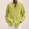 Men Linen Shirt Button Down Long Sleeve Cotton Beach Band Collar Shirts Lightweight Casual Solid Plain Loose Shirt (Medium,Yellow) view 2