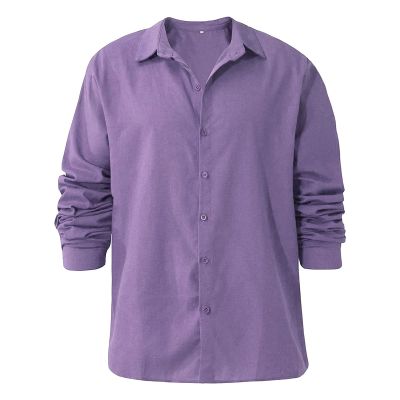 Men Linen Shirt Button Down Long Sleeve Cotton Beach Band Collar Shirts Lightweight Casual Solid Plain Loose Shirt (Medium,Purple)