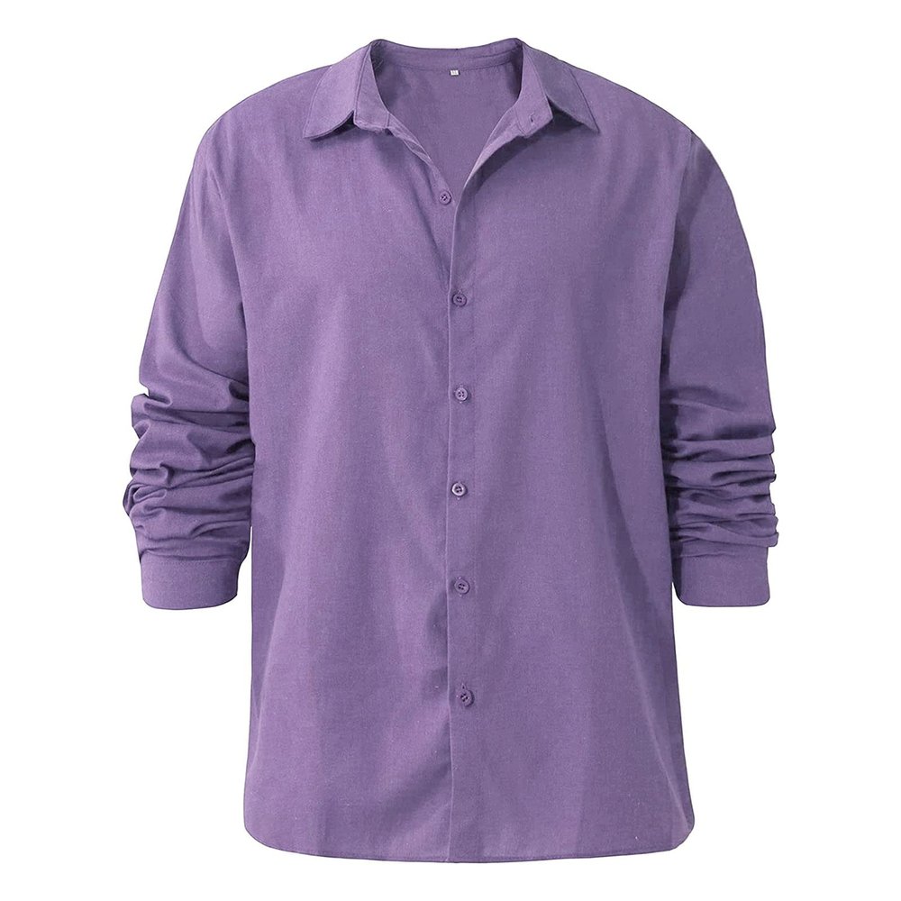 Men Linen Shirt Button Down Long Sleeve Cotton Beach Band Collar Shirts Lightweight Casual Solid Plain Loose Shirt (Medium,Purple)