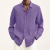 Men Linen Shirt Button Down Long Sleeve Cotton Beach Band Collar Shirts Lightweight Casual Solid Plain Loose Shirt (Medium,Purple) view 2