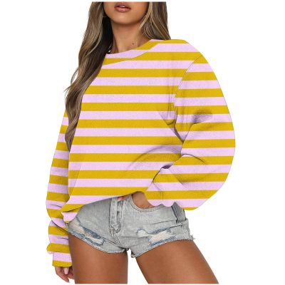 GOKKILRW Womens Striped Sweatshirts Oversized Loose Fit Long Sleeve Crewneck Sweat Shirts Y2K Lightweight Casual Pullover Top Outdoor Running Jogging Track Shirts Preppy Clothes Loungewear Yellow