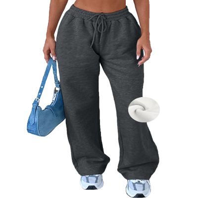 AROGONE Women Wide Leg Fleece Sweatpants Baggy High Waisted Sweat Pants Casual Drawstring Straight Leg Sweats with Pockets Dark Gray XL