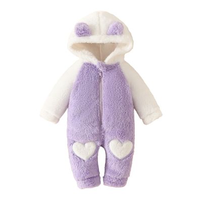 Newborn Baby Fleece Jumpsuit Girls Boys Hooded Rompers Bear Onesie Long Sleeve Zipper Snowsuit (Purple, 12-18 Months)